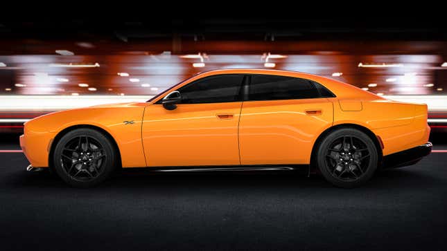 Side view of an orange four-door 2024 Dodge Charger Daytona EV
