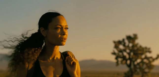Maeve (Thandiwe Newton) stands in a desert in a scene from Westworld.
