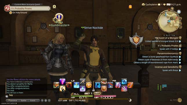 The player character cheers as he accepts a feature quest.