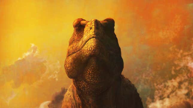 A tight-lipped T. rex, in a paleoart illustration.