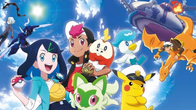 The cast of Pokemon Horizons is shown floating in the sky, for some reason.