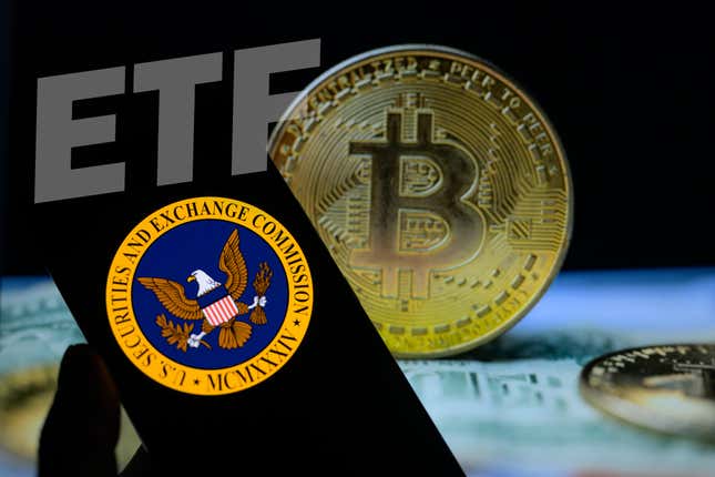 Someone holding up an SEC seal in front of bitcoin and ETF symbols