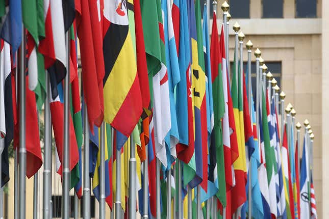 Numerous national flags outside the UN in Geneva, Switzerland