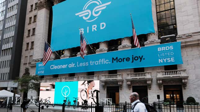 A banner for scooter rental company Bird as it went public on the New York Stock Exchange via an SPAC in November 2021.