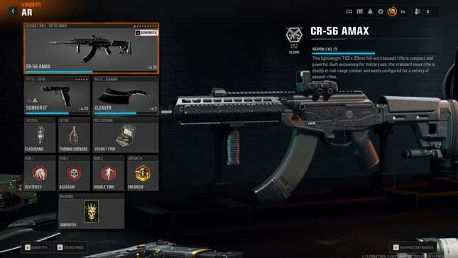 The perk loadout selection for a CR-56 AMAX build in Black Ops 6.