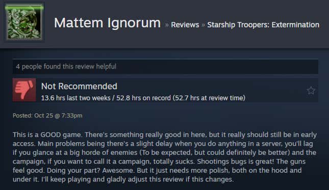 Image for article titled Starship Troopers: Extermination, As Told By Steam Reviews