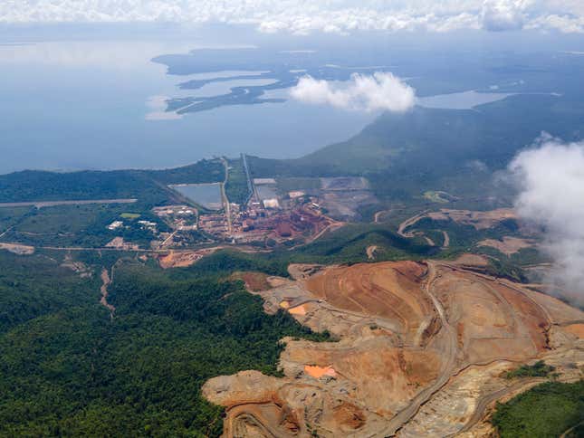 FILE - An aerial view of the Fenix Mine, run by the Swiss-based Solway Investment Group, in El Estor, Guatemala, Oct. 26, 2021. Guatemala violated Indigenous rights by permitting a huge nickel mine on tribal land almost two decades ago, according to a ruling from the Inter-American Court of Human Rights Friday, Dec. 15, 2023. (AP Photo/Moises Castillo, File)