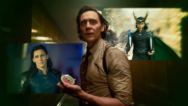 Center: Tom Hiddleston in Loki season 2 (Photo: Marvel Studios/Disney+); left and right: Loki in Thor and Thor: Ragnarok (Screenshots: Marvel Studios/YouTube)