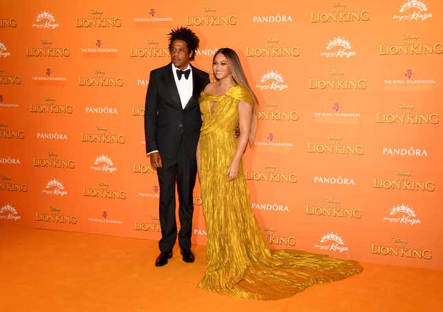 LONDON, ENGLAND - JULY 14: Beyonce Knowles-Carter and Jay-Z attend the European Premiere of Disney’s “The Lion King” at Odeon Luxe Leicester Square on July 14, 2019 in London, England.