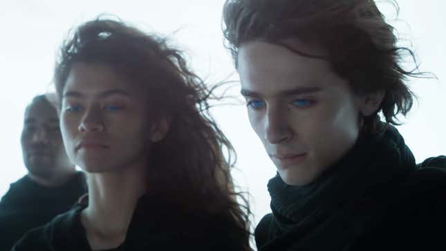 Dune's Chani (Zendaya) and Paul Atreides (Timothée Chalamet) stare with bright blue eyes at something below them.