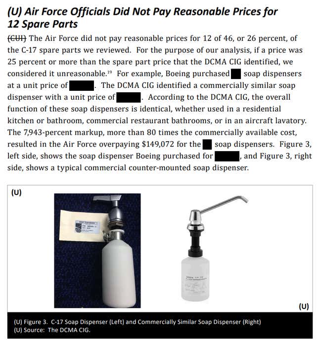 The soap dispenser section of the C-17 Spare Parts Pricing Audit Report, featuring multiple redactions.