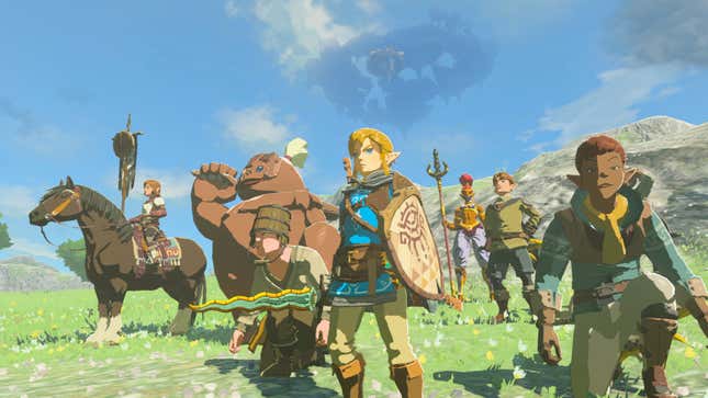 Link appears in a field next to villagers ready for battle. 