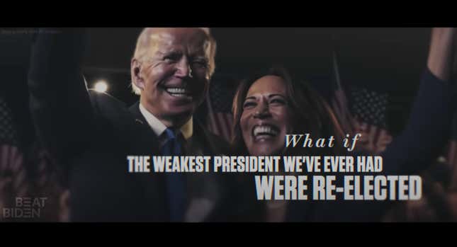 A screenshot of the RNC's deepfake Biden ad showing Biden and Kamala Harris. The image says "What if the weakest president we've ever had were re-elected"