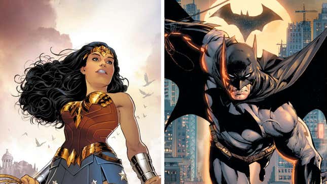 Wonder Woman and Batman appear in a split-frame. 