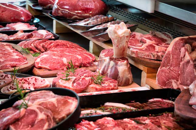 Raw meat at a butcher’s shop.