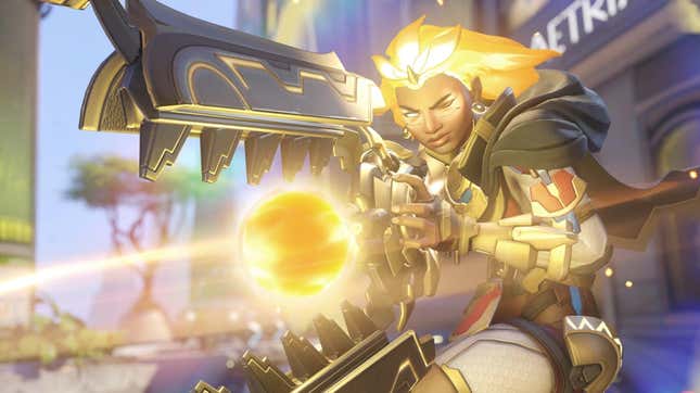 Overwatch 2 support character Illari points a glowing weapon in this promotional image.