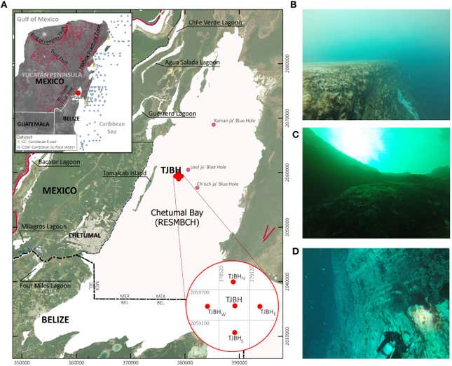 Location of the blue hole and images of it at (B) 16 feet deep, (C) 65 feet deep, and (D) 98 feet deep.
