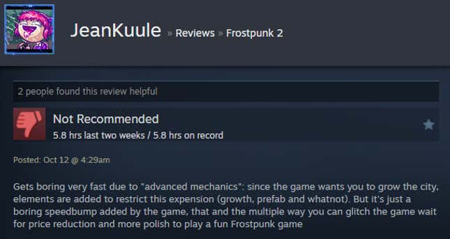 Image for article titled Frozen City Builder Frostpunk 2, As Told By Steam Reviews