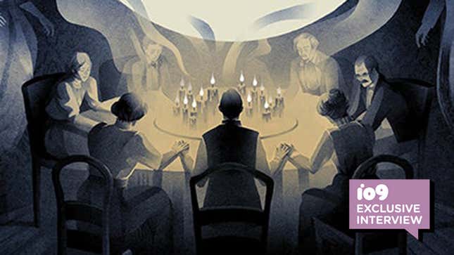 A drawing of a group of people attending a seance. They are holding hands around a table filled with candles.