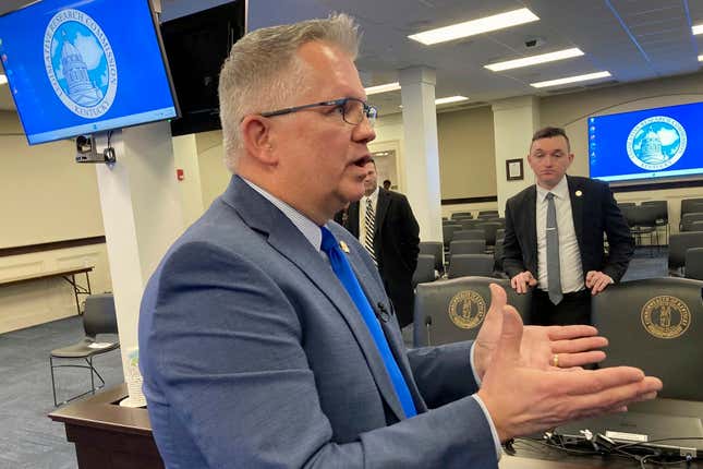 FILE - Kentucky state Sen. Danny Carroll speaks with reporters, Feb. 20, 2024, in Frankfort, Ky. Carroll said Kentucky should embrace a cross-section of sources — including coal, natural gas and renewable energy — to meet its energy needs as he Kentucky Senate voted overwhelmingly Monday, Feb. 26, 2024, to lay the foundation to attract nuclear energy projects to a state where coal has dominated and fueled the economy for generations. (AP Photo/Bruce Schreiner, File)