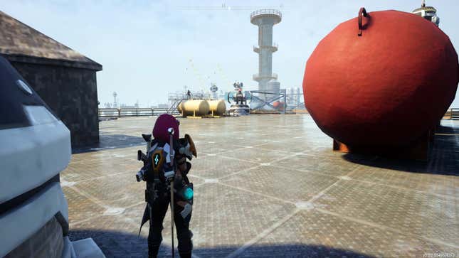 The player character looks out at an Oil Rig.