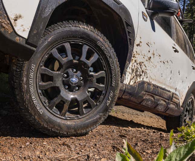 A close-up of the Wilderness specific wheels on a white forester wilderness