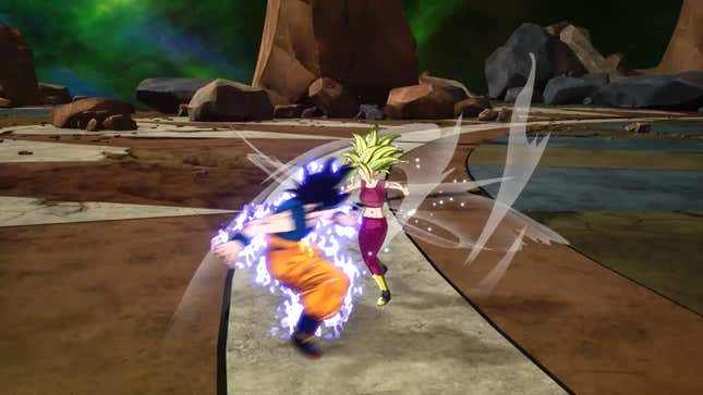 Ultra Instinct Goku dodges Kefla’s attacks with a Sonic Sway.