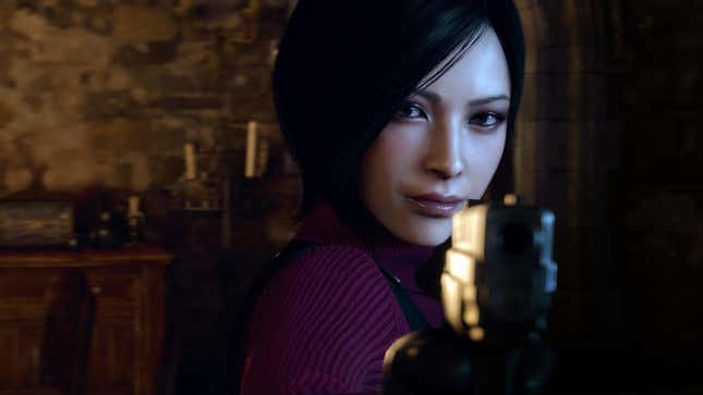 Ada Wong holds a gun to the camera.
