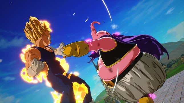 An angry Majin Vegeta catches a punch from Majin Buu.