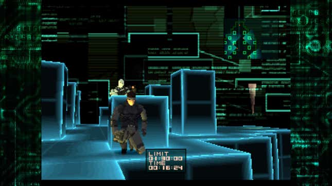 Snake hides from a soldier in a digital environment.