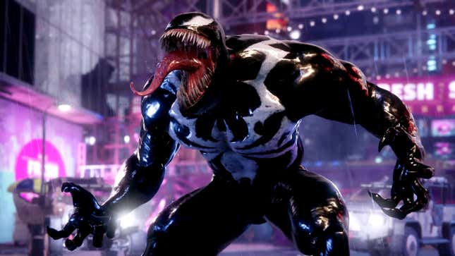 Venom roars with his tongue sticking out in Marvel's Spider-Man 2's New York City.