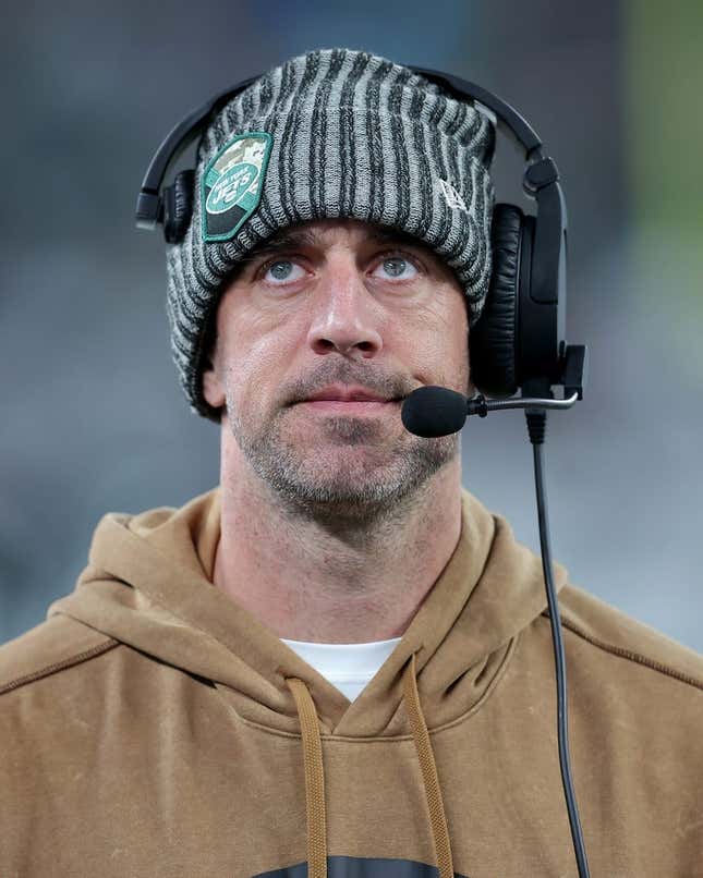 Nov 6, 2023; East Rutherford, New Jersey, USA; New York Jets injured quarterback Aaron Rodgers reacts during the third quarter against the Los Angeles Chargers at MetLife Stadium.