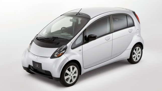 Front-quarter image of a white Mitsubishi i-MiEV.