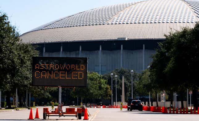 A street sign showing the cancellation of the AstroWorld Festival at NRG Park on November 6, 2021, in Houston, Texas.