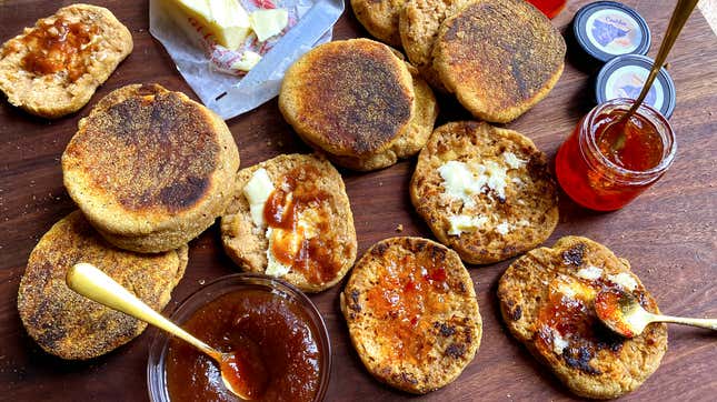 English muffins with butter and jam