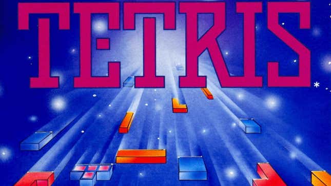 A portion of the box art for NES Tetris, displaying the game's title and Tetris blocks appearing to fall down from space