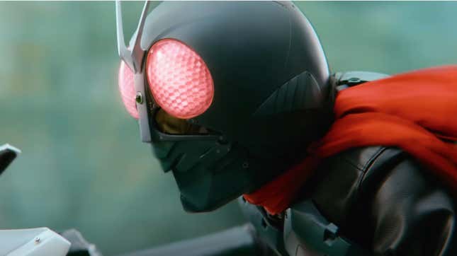 Kamen Rider, the masked Japanese superhero, rides a motorcycle. 