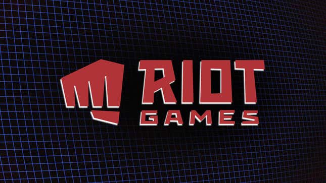 The Riot Games logo floating on a black and blue grid background. 