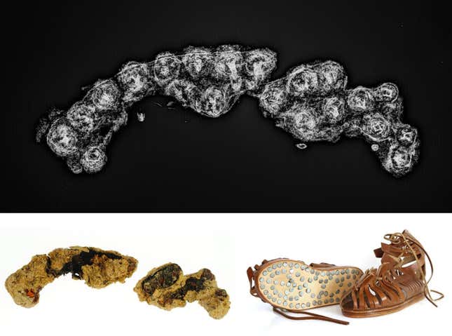 Clockwise from bottom left: Remains of a Roman sandal, an X-ray of the remains, and a reconstruction of the shoe's original appearance.