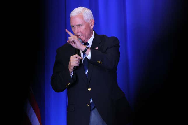 NASHUA, NEW HAMPSHIRE - OCTOBER 14: Republican presidential candidate former U.S. Vice President Mike Pence speaks during the 2023 First in the Nation Leadership Summit on October 14, 2023 in Nashua, New Hampshire. 