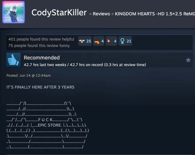 A Steam review reading "IT'S FINALLY HERE AFTER 3 YEARS F U C K EPIC STORE."