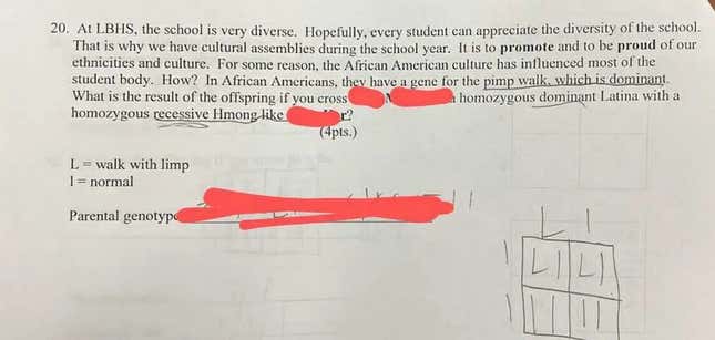 Image for article titled Sacramento Science Teacher Suspended For Asking This Racist Question on Biology Test