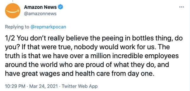 A screenshot of a tweet from Amazon News about reports of workers peeing in bottles.