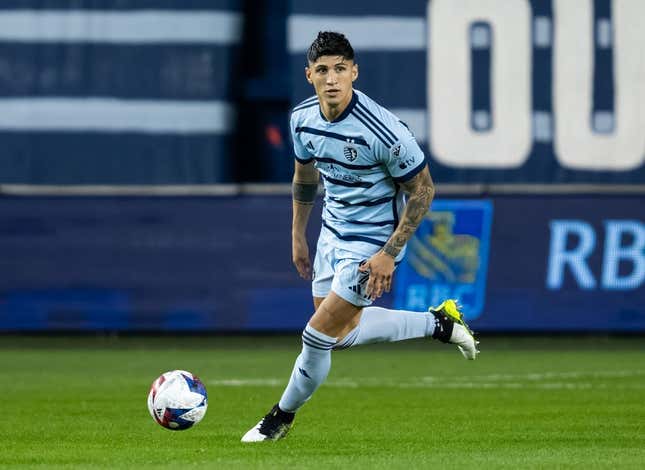 Oct 25, 2023; Kansas City, KS, USA; Sporting Kansas City forward Alan Pulido (9) controls the ball during the second half against the San Jose Earthquakes in the Western Conference Wild Card match of the 2023 MLS Cup Playoffs at Children&#39;s Mercy Park.
