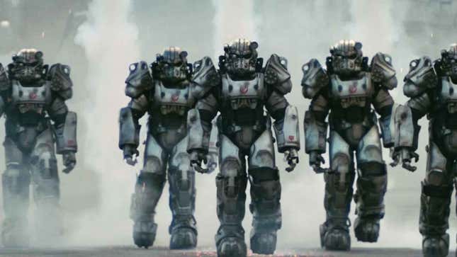 Soldiers in power armor march towards camera