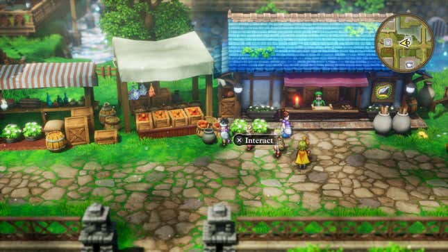 A screenshot of Dragon Quest III HD-2D. The protagonist is standing next to a jar on the side of a stone road in town. A prompt appears over the hero that reads “Interact”