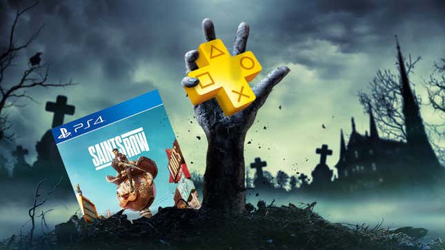 An image shows a zombie hand rising out from a grave holding a PSN Plus icon next to Saint's Row. 