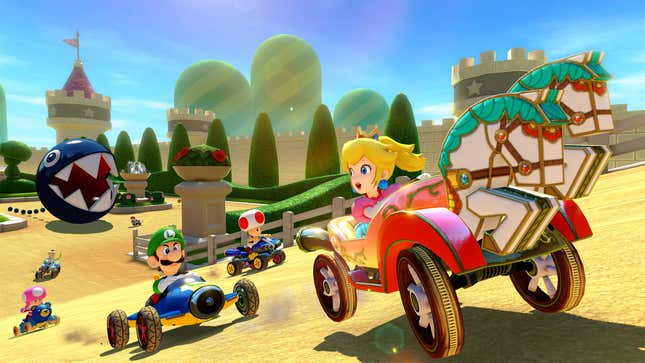 Several Nintendo characters race against each other in Mario Kart 8 Deluxe.