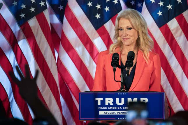 Former Counselor to the President of the United States Kellyanne Conway speaks to Trump supporters at a Make America Great Again event with First Lady Melania Trump in Atglen, Pennsylvania, on October 27, 2020.