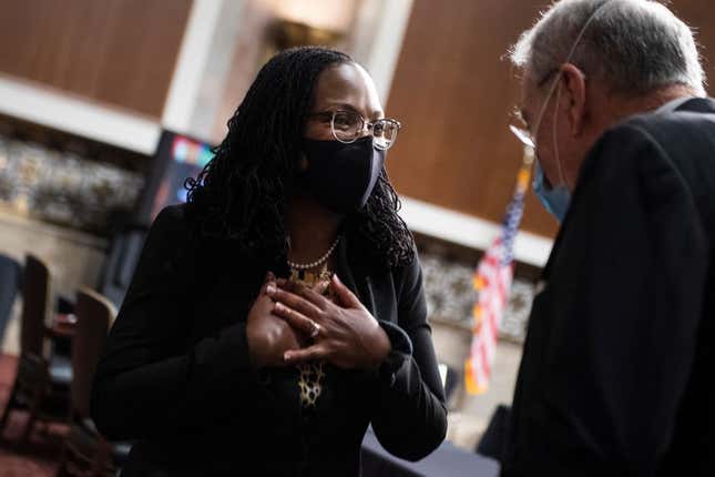 Ketanji Brown Jackson, nominee to be U.S. Circuit Judge for the District of Columbia Circuit, greets ranking member Sen. Chuck Grassley, R-Iowa, before her Senate Judiciary Committee confirmation hearing in Dirksen Senate Office Building on April 28, 2021, in Washington, DC. 